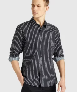Khujo WAITE - Camisa - Schwarz Gestreift, Hombre